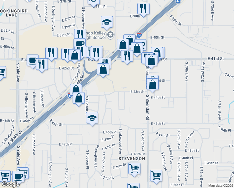 map of restaurants, bars, coffee shops, grocery stores, and more near 4304 South Lakewood Avenue in Tulsa