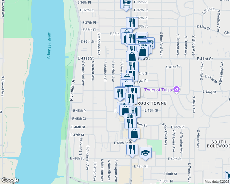 map of restaurants, bars, coffee shops, grocery stores, and more near 4303 South Norfolk Avenue in Tulsa