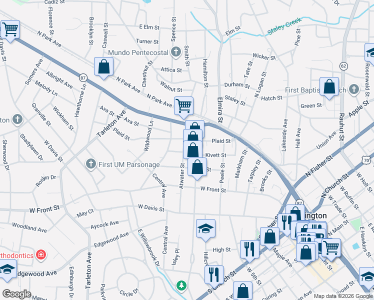 map of restaurants, bars, coffee shops, grocery stores, and more near 314 Atwater Street in Burlington