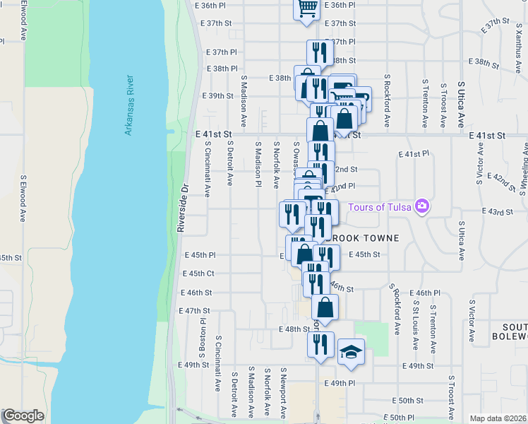 map of restaurants, bars, coffee shops, grocery stores, and more near 4301 S Madison Pl in Tulsa