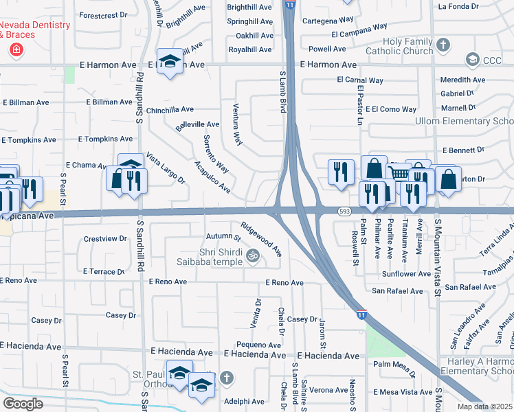 map of restaurants, bars, coffee shops, grocery stores, and more near 4880 East Tropicana Avenue in Las Vegas