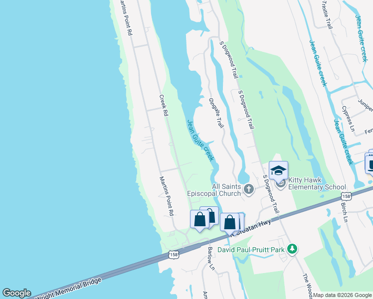 map of restaurants, bars, coffee shops, grocery stores, and more near 2017 Creek Rd in Kitty Hawk