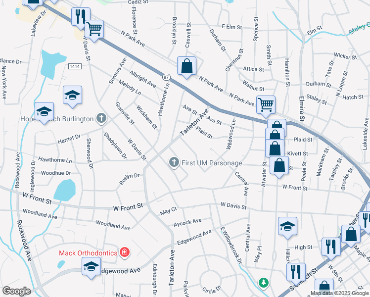 map of restaurants, bars, coffee shops, grocery stores, and more near 1340 Springdale Drive in Burlington