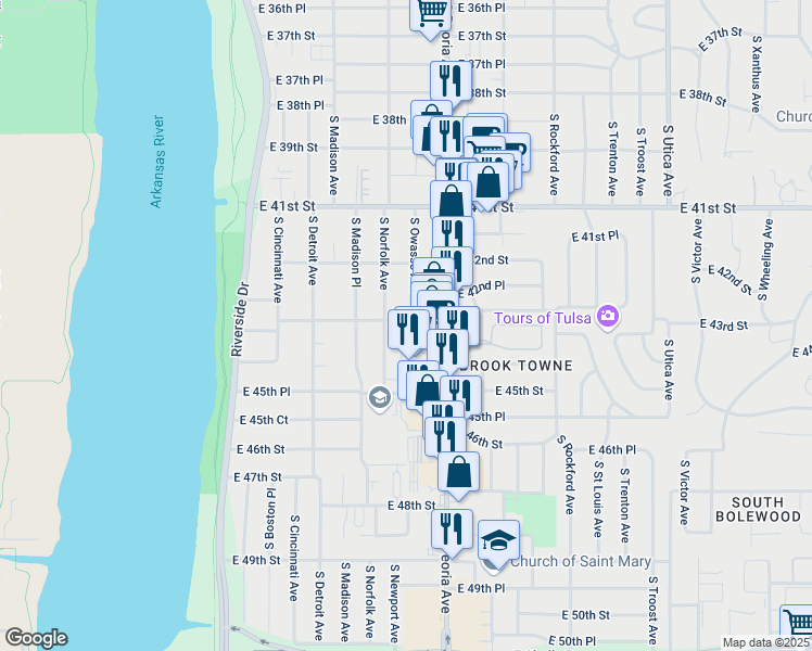map of restaurants, bars, coffee shops, grocery stores, and more near 4306 South Owasso Avenue in Tulsa