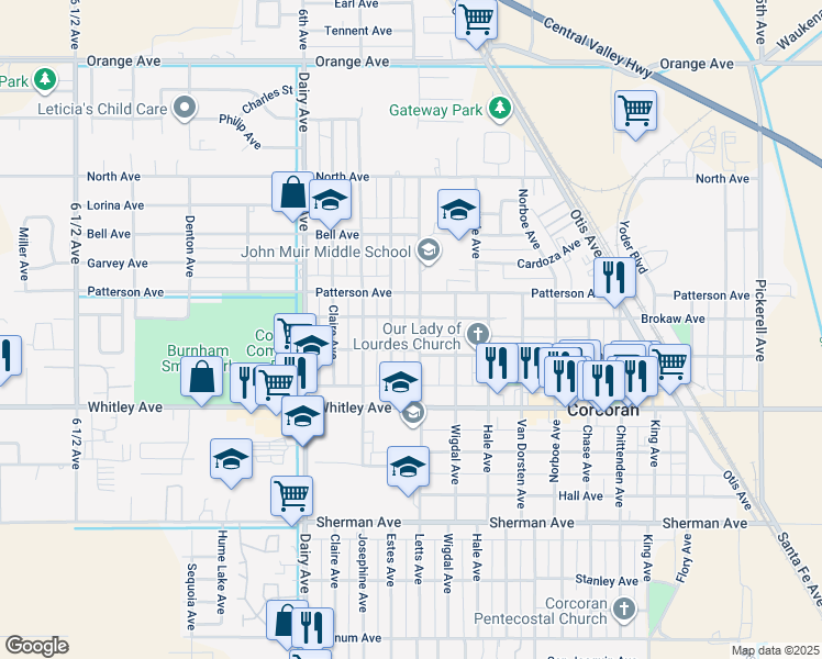 map of restaurants, bars, coffee shops, grocery stores, and more near 910 Letts Avenue in Corcoran