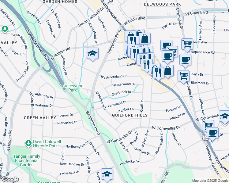 map of restaurants, bars, coffee shops, grocery stores, and more near 2526 Overbrook Drive in Greensboro