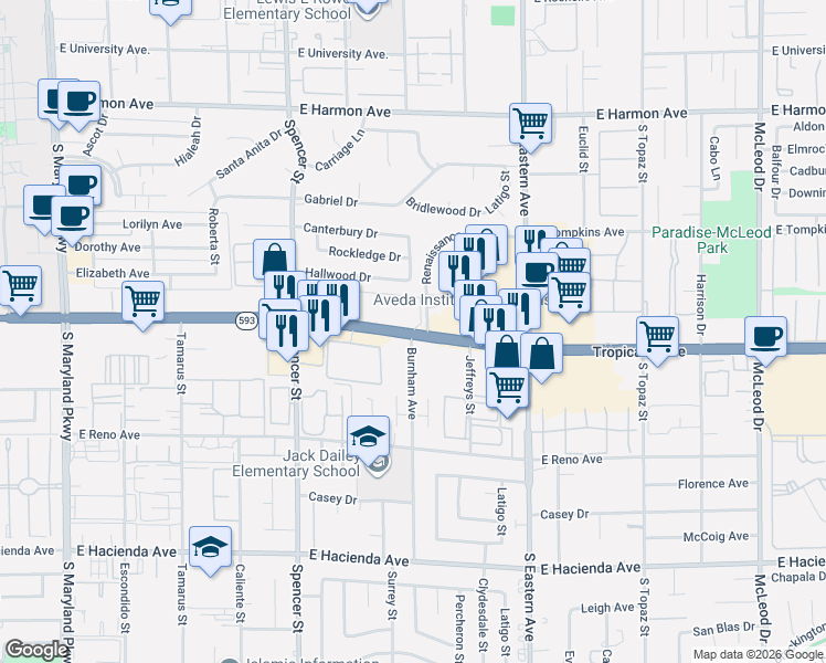 map of restaurants, bars, coffee shops, grocery stores, and more near 28 East Tropicana Avenue in Las Vegas