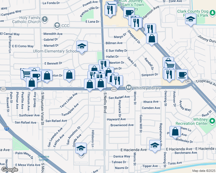 map of restaurants, bars, coffee shops, grocery stores, and more near 5010 East Tropicana Avenue in Las Vegas
