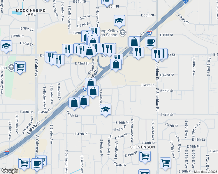 map of restaurants, bars, coffee shops, grocery stores, and more near 5727 East 43rd Street in Tulsa