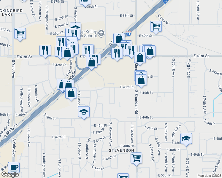 map of restaurants, bars, coffee shops, grocery stores, and more near 4304 South Lakewood Avenue in Tulsa