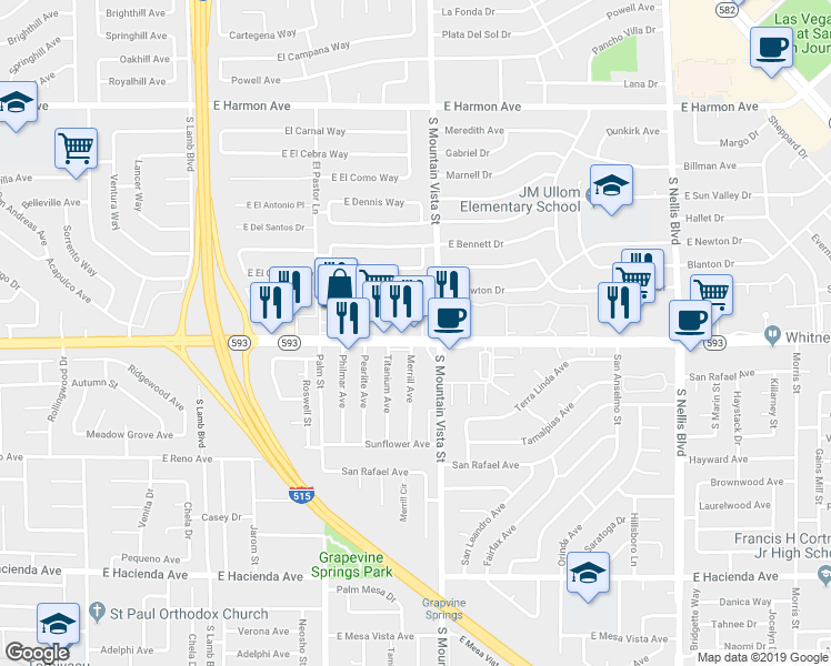 map of restaurants, bars, coffee shops, grocery stores, and more near 4570 East Tropicana Avenue in Las Vegas