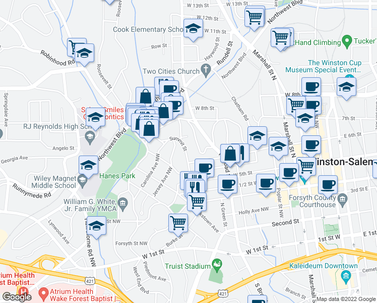 map of restaurants, bars, coffee shops, grocery stores, and more near 615 Summit Street in Winston-Salem