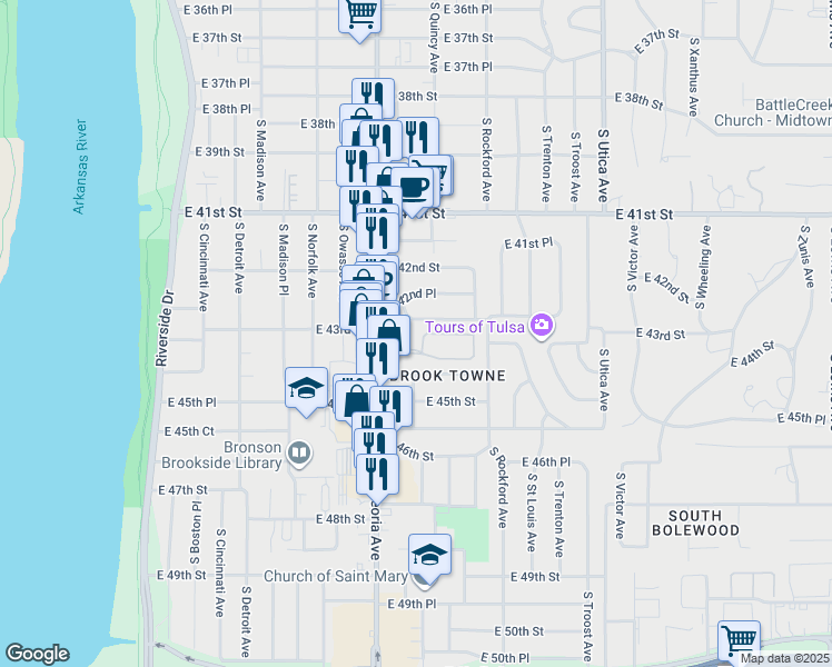 map of restaurants, bars, coffee shops, grocery stores, and more near 4310 South Quaker Avenue in Tulsa