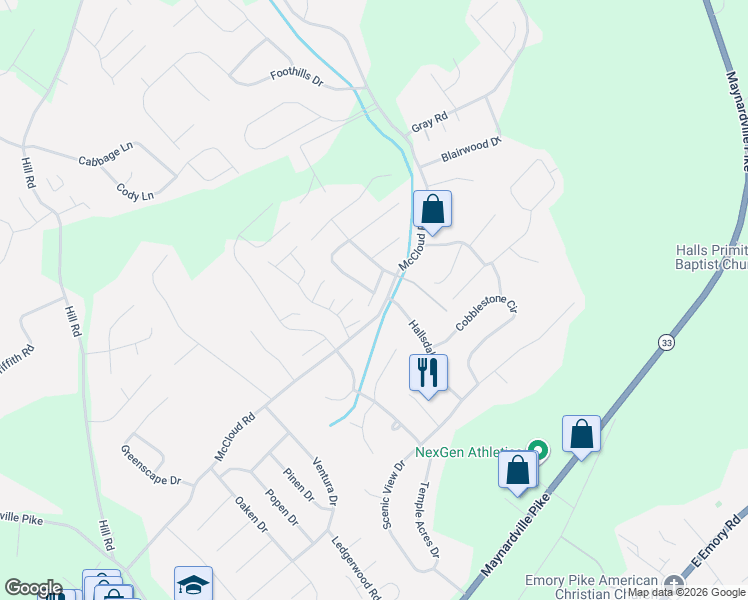 map of restaurants, bars, coffee shops, grocery stores, and more near 4508 Brittany Hills Way in Knoxville