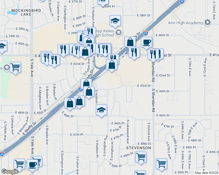 map of restaurants, bars, coffee shops, grocery stores, and more near 5807 East 43rd Street in Tulsa