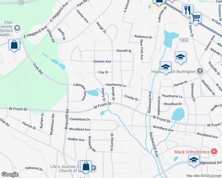 map of restaurants, bars, coffee shops, grocery stores, and more near 1330 Keogh Street in Burlington