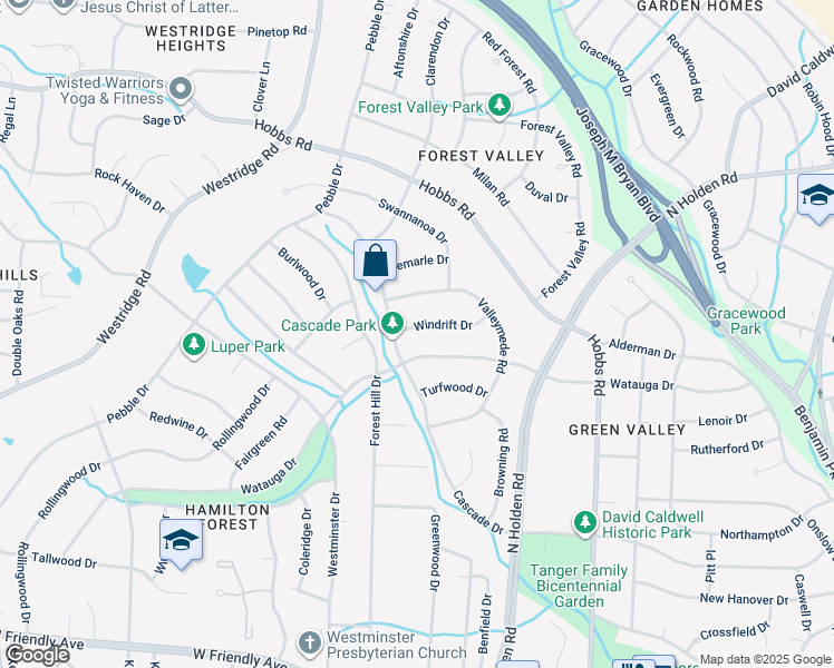 map of restaurants, bars, coffee shops, grocery stores, and more near 3321 Windrift Drive in Greensboro