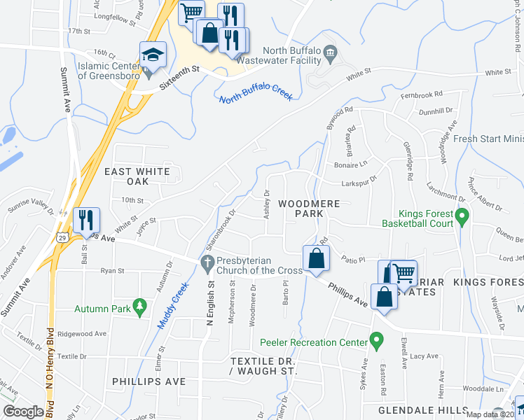 map of restaurants, bars, coffee shops, grocery stores, and more near 2009 Ashley Drive in Greensboro