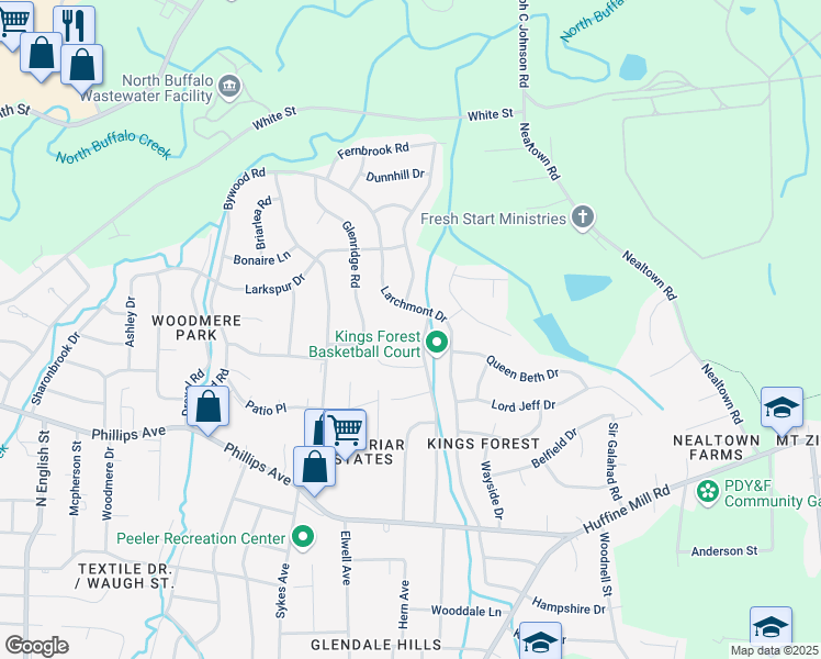 map of restaurants, bars, coffee shops, grocery stores, and more near 4 Kings Forest Court in Greensboro