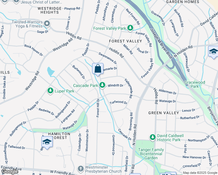 map of restaurants, bars, coffee shops, grocery stores, and more near 3321 Windrift Drive in Greensboro