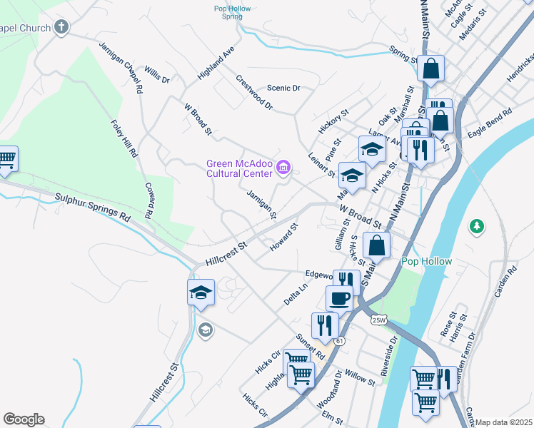 map of restaurants, bars, coffee shops, grocery stores, and more near 404 Jarnigan Street in Clinton