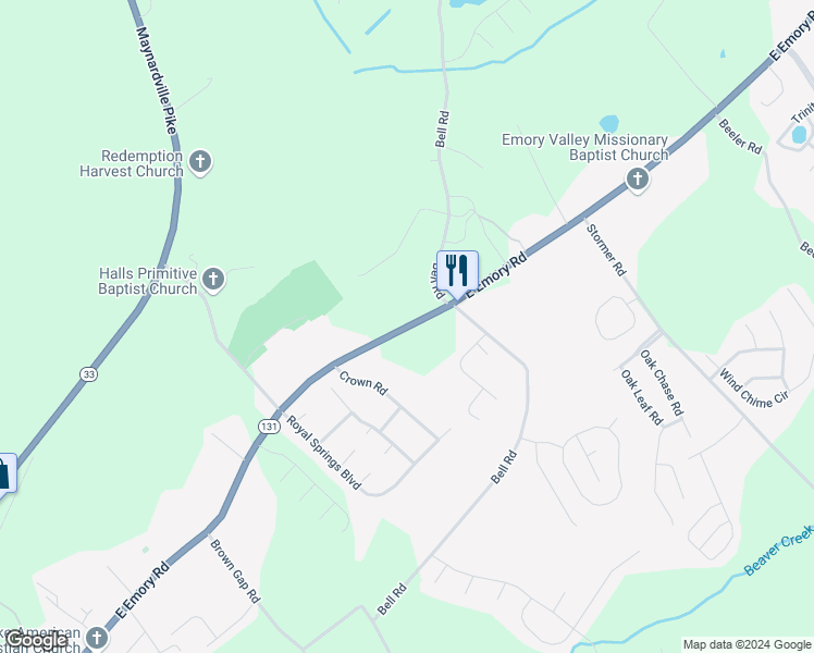 map of restaurants, bars, coffee shops, grocery stores, and more near 5493 Highway 131 in Knoxville