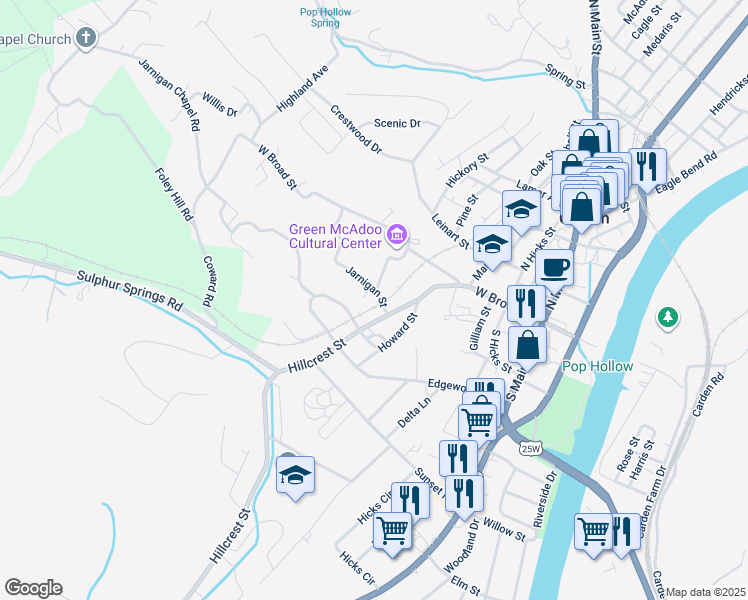 map of restaurants, bars, coffee shops, grocery stores, and more near 404 Jarnigan Street in Clinton