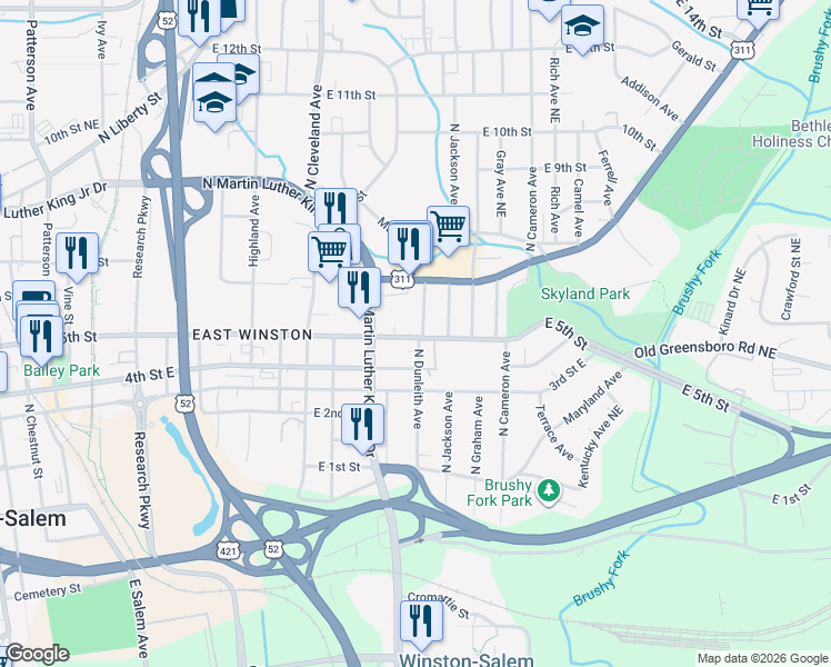 map of restaurants, bars, coffee shops, grocery stores, and more near 1435 5th Street Northeast in Winston-Salem
