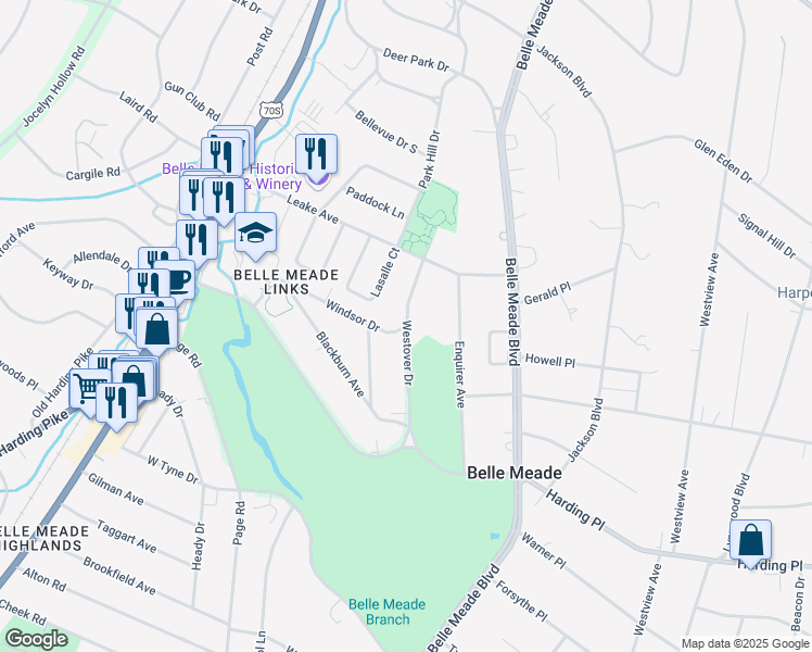 map of restaurants, bars, coffee shops, grocery stores, and more near 100 Windsor Drive in Nashville