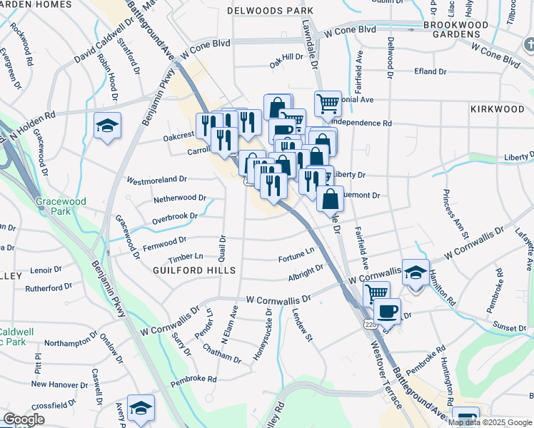 map of restaurants, bars, coffee shops, grocery stores, and more near 2310 Markland Dr in Greensboro