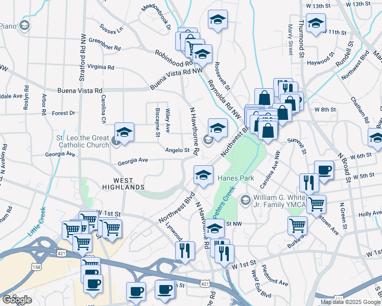 map of restaurants, bars, coffee shops, grocery stores, and more near 272 North Hawthorne Road in Winston-Salem