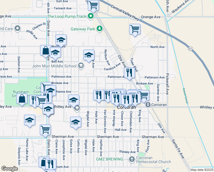 map of restaurants, bars, coffee shops, grocery stores, and more near 1221 Brokaw Avenue in Corcoran