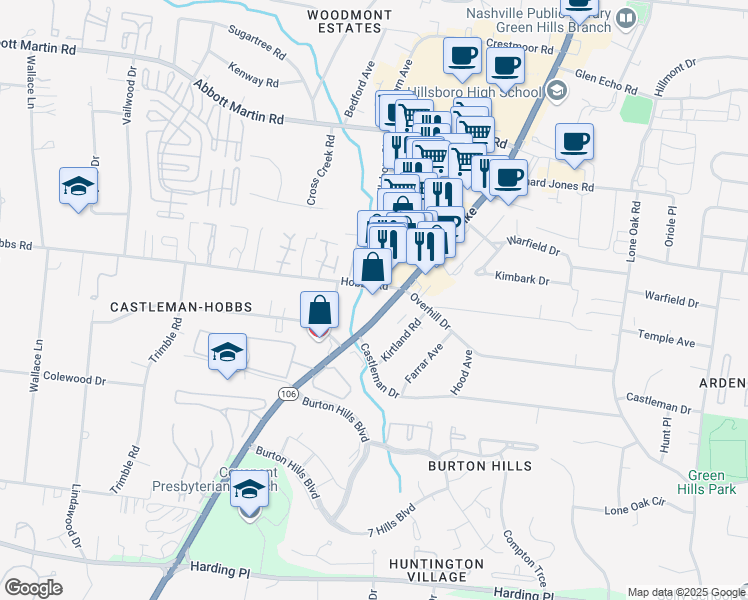 map of restaurants, bars, coffee shops, grocery stores, and more near 4205 Hillsboro Pike in Nashville