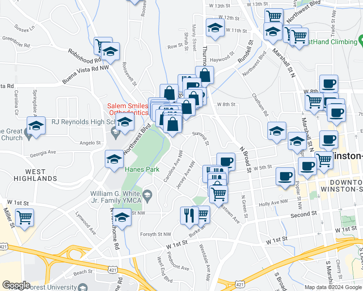 map of restaurants, bars, coffee shops, grocery stores, and more near 1403 Pilot View Street in Winston-Salem