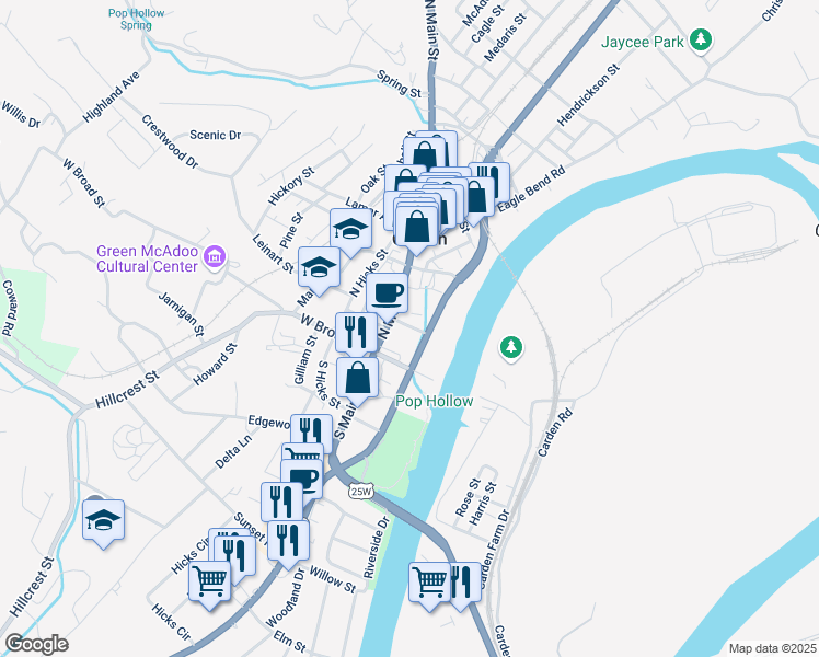 map of restaurants, bars, coffee shops, grocery stores, and more near 150 Kincaid Street in Clinton