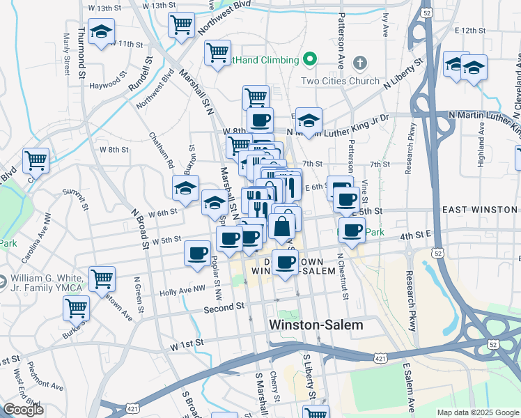 map of restaurants, bars, coffee shops, grocery stores, and more near 527 North Cherry Street in Winston-Salem