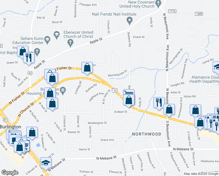 map of restaurants, bars, coffee shops, grocery stores, and more near 214 North Saint John Street in Burlington