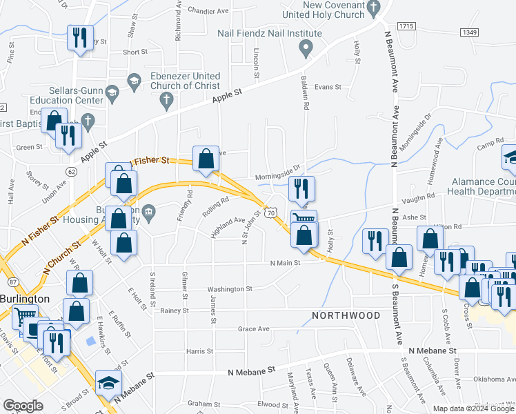 map of restaurants, bars, coffee shops, grocery stores, and more near 214 North Saint John Street in Burlington