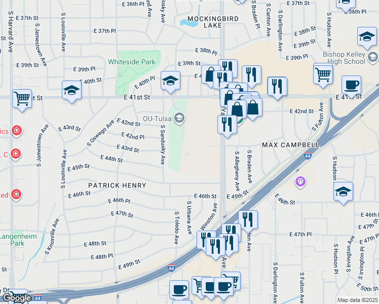 map of restaurants, bars, coffee shops, grocery stores, and more near in Tulsa