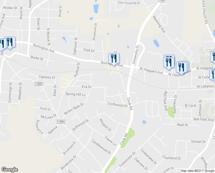 map of restaurants, bars, coffee shops, grocery stores, and more near 311 Eva Drive in Gibsonville