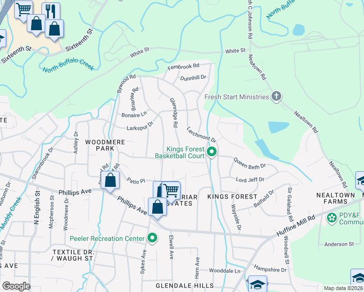 map of restaurants, bars, coffee shops, grocery stores, and more near 1504 Glenridge Road in Greensboro