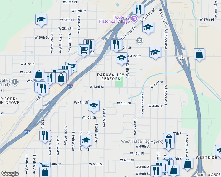map of restaurants, bars, coffee shops, grocery stores, and more near 2408 West 43rd Street in Tulsa