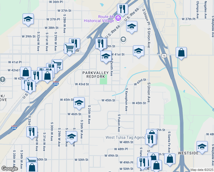 map of restaurants, bars, coffee shops, grocery stores, and more near 2216 West 43rd Street in Tulsa
