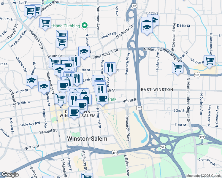 map of restaurants, bars, coffee shops, grocery stores, and more near 575 Patterson Avenue in Winston-Salem