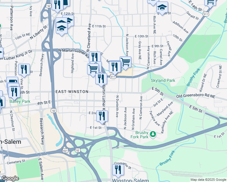 map of restaurants, bars, coffee shops, grocery stores, and more near 1435 5th Street Northeast in Winston-Salem