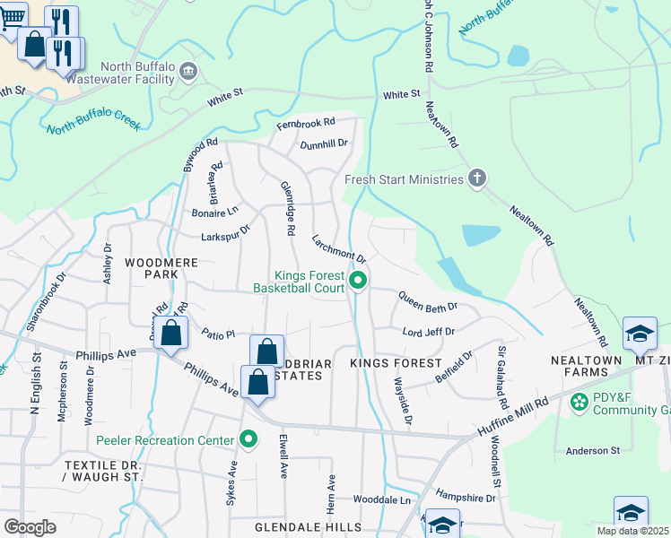map of restaurants, bars, coffee shops, grocery stores, and more near 4 Kings Forest Court in Greensboro
