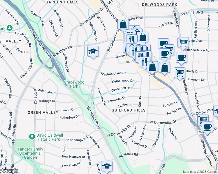 map of restaurants, bars, coffee shops, grocery stores, and more near 1500 Bonaventure Road in Greensboro