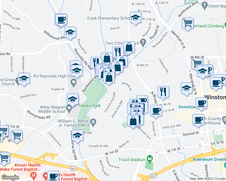 map of restaurants, bars, coffee shops, grocery stores, and more near 839 Carolina Avenue Northwest in Winston-Salem