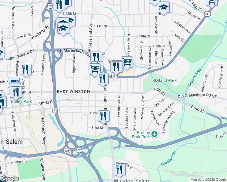 map of restaurants, bars, coffee shops, grocery stores, and more near 1435 5th Street Northeast in Winston-Salem