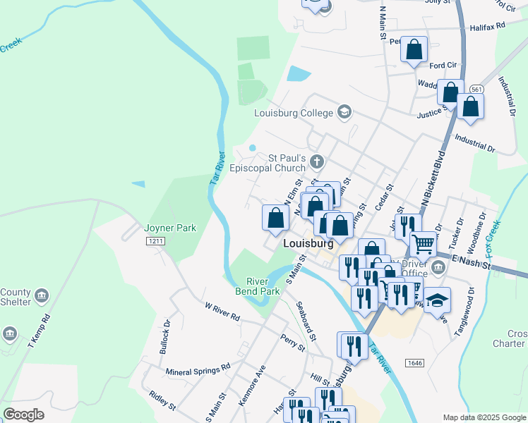 map of restaurants, bars, coffee shops, grocery stores, and more near 310 2nd Street in Louisburg